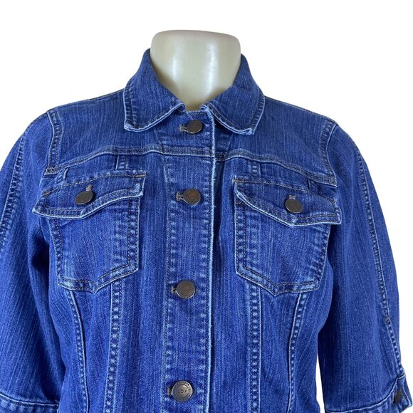Loft Womens Medium Blue Denim Button Front Cropped Jacket 3/4 Sleeve Cotton - Picture 4 of 8